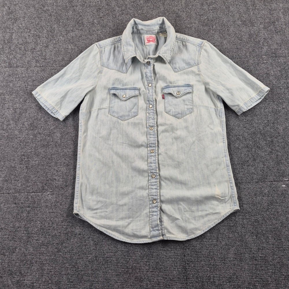 Levis Womens Light Wash Denim Western Shirt Short Sleeve Pearl Snap Blue XS